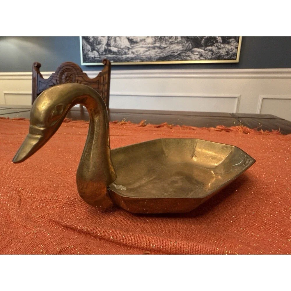 Vintage Brass Swan Trinket Dish Mid Century Modern Octagonal Bowl